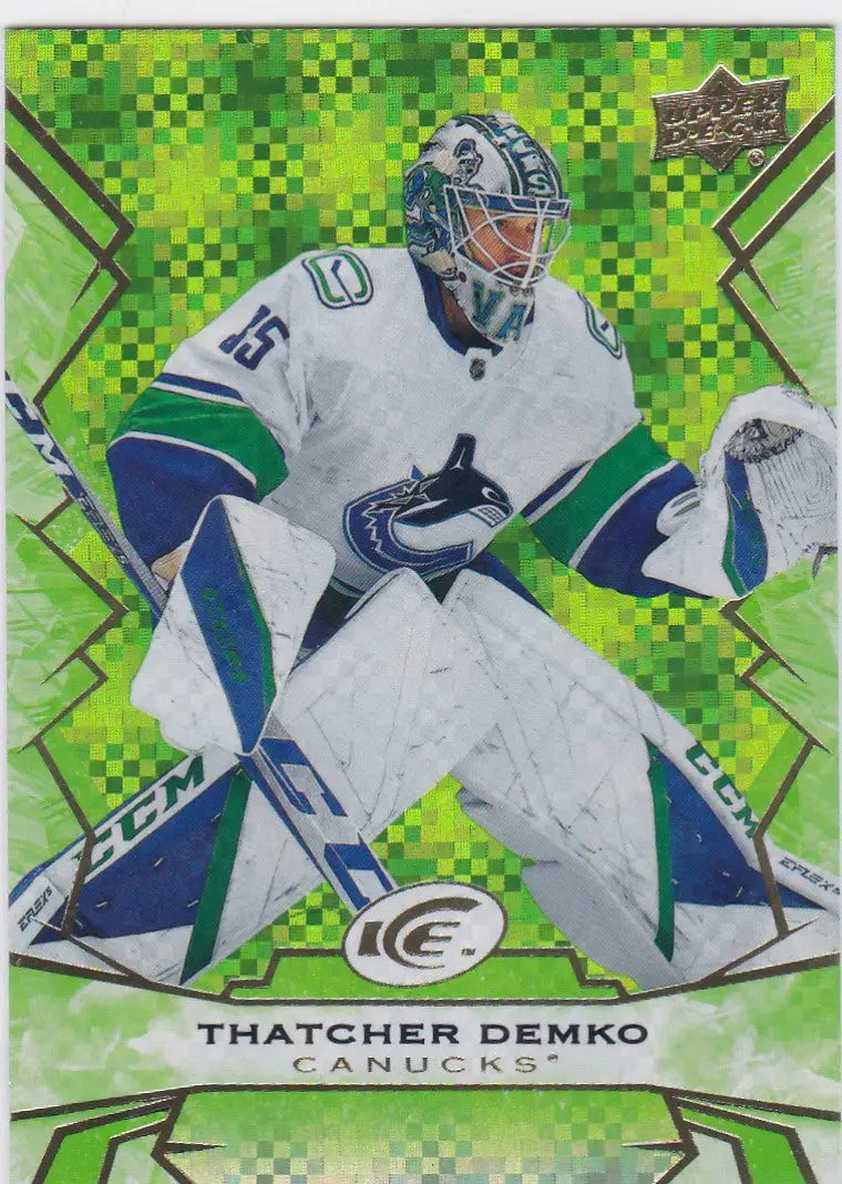Thatcher Demko Vancouver Canucks goaltender in white and blue uniform Upper Deck Green