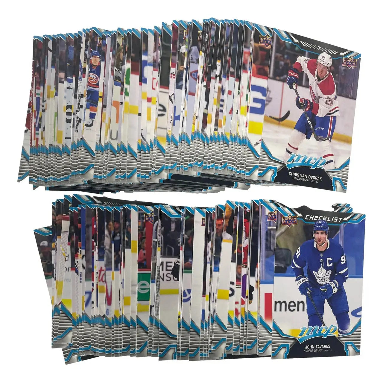 Stack of 2022-23 Upper Deck MVP Hockey Set trading cards with blue wave design