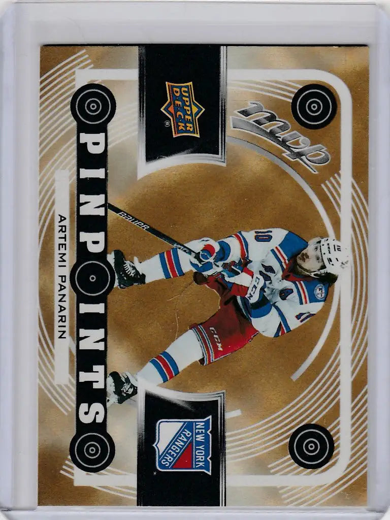 Hockey trading card featuring Artemi Panarin of the Rangers from Upper Deck MVP Pinpoints Gold