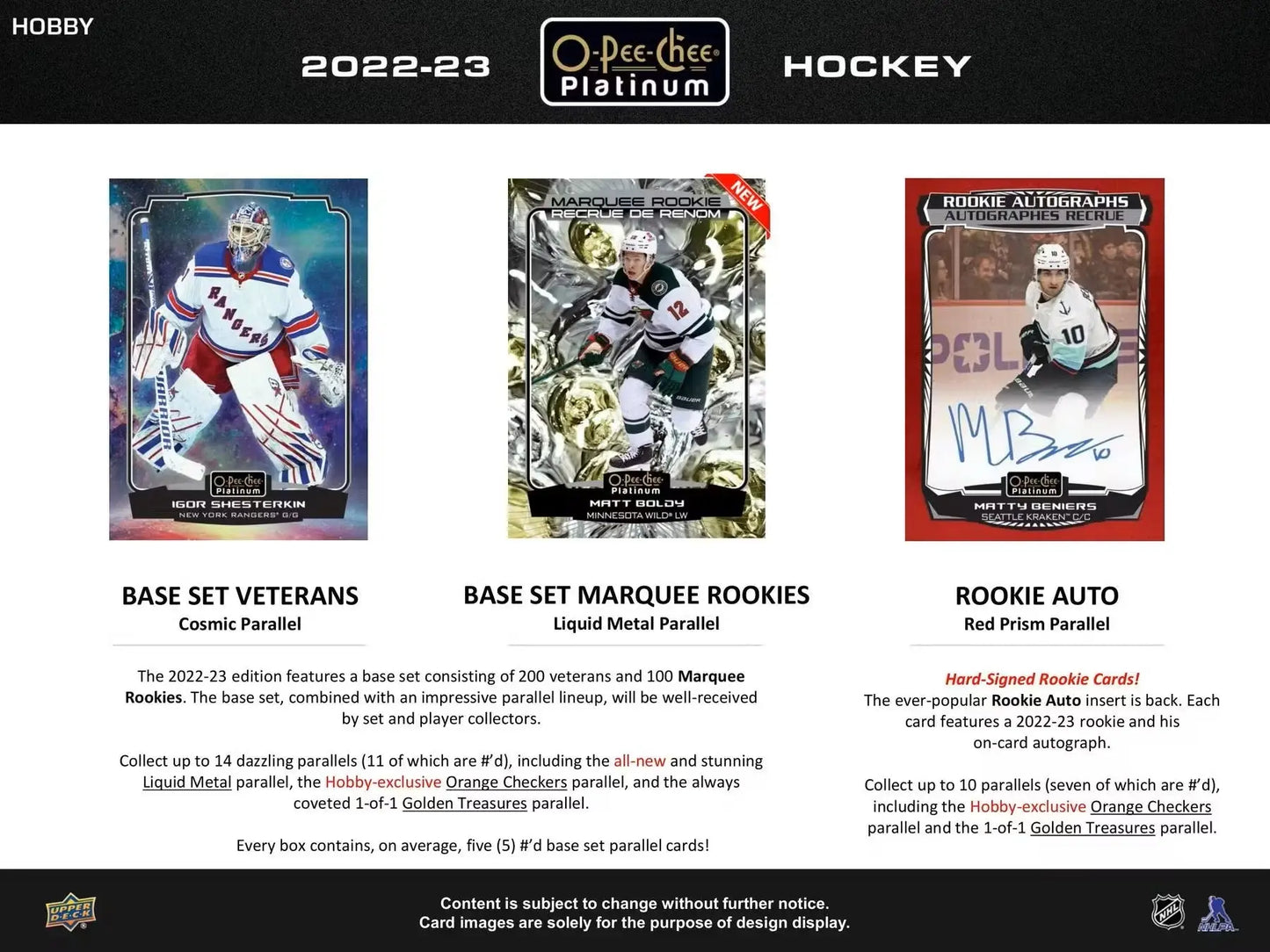 Hockey card product advertisement featuring 2022-23 Upper Deck O-Pee-Chee Platinum Hobby Box with base set and marquee rookies