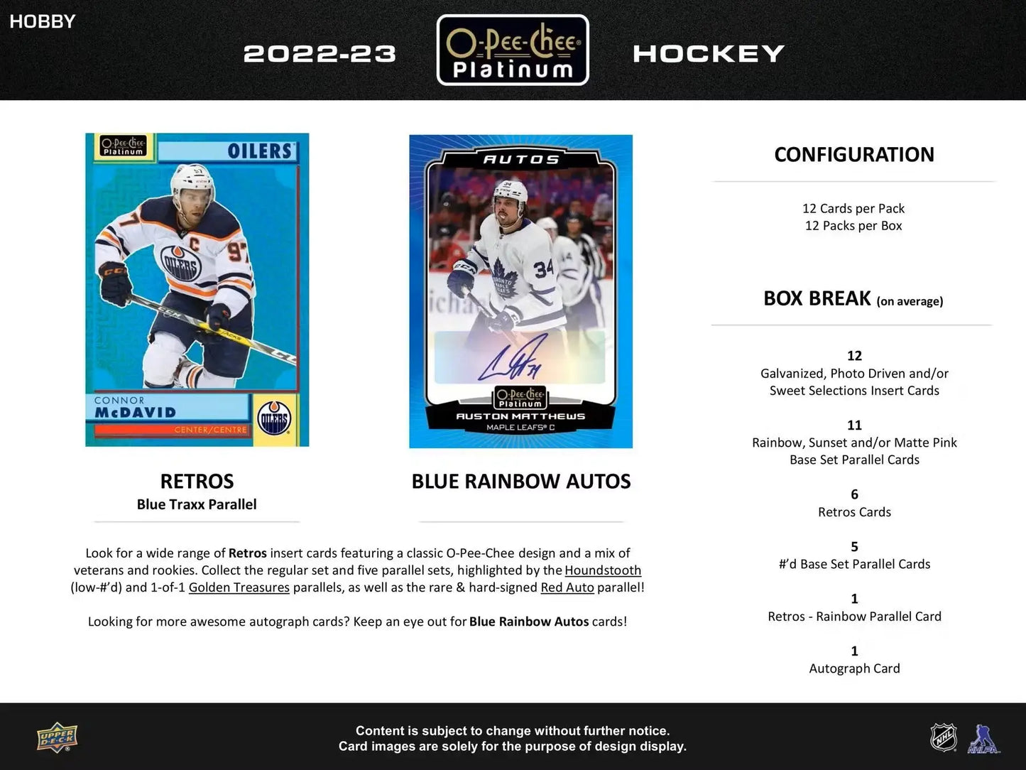 O-Pee-Chee Platinum Hockey cards from 2022-23 Upper Deck Hobby Box featuring base set and marquee rookies