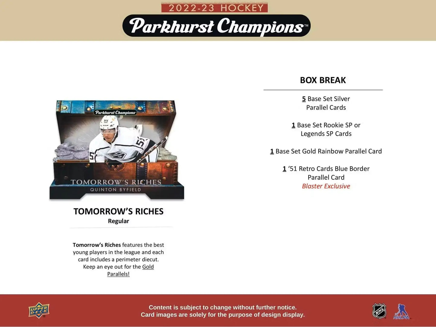 2022/23 Upper Deck Parkhurst Champions Hockey 5-Pack Blaster Box with base set rookies