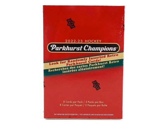 Red box of 2022-23 Parkhurst Champions Hockey trading cards featuring base set rookies