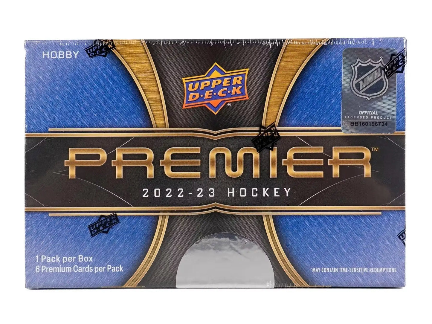 Sealed 2022-23 Upper Deck Premier Hockey hobby box with base set, rookies, and gold parallel