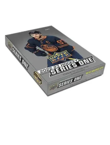 Box of 2022-23 Upper Deck Series 1 Hockey trading cards featuring player 97 Young Guns