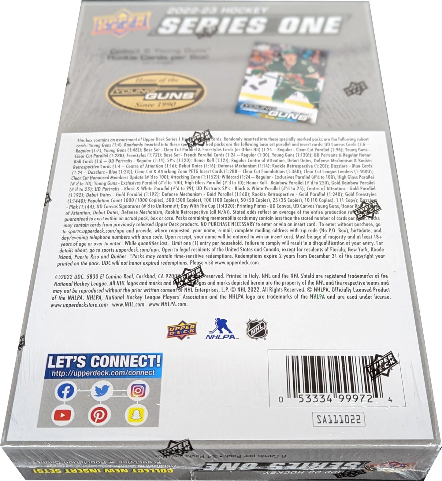 Hockey card box featuring 2022-23 Upper Deck Series 1 with Young Guns inserts