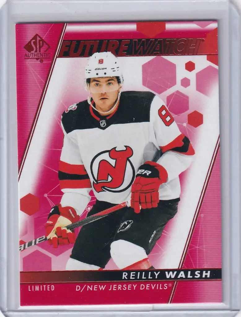 Hockey trading card of Reilly Walsh from the 2022-23 Upper Deck Jersey Devils series