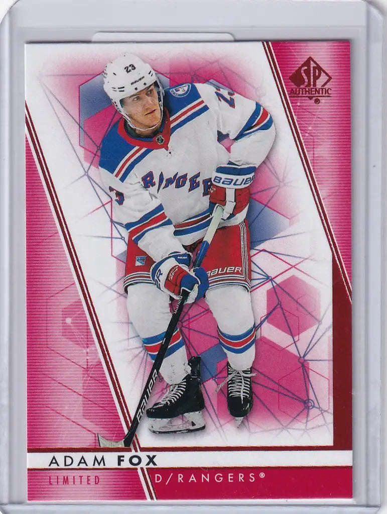 Hockey trading card of Adam Fox, New York Rangers, 2022-23 Upper Deck SP Authentic Red