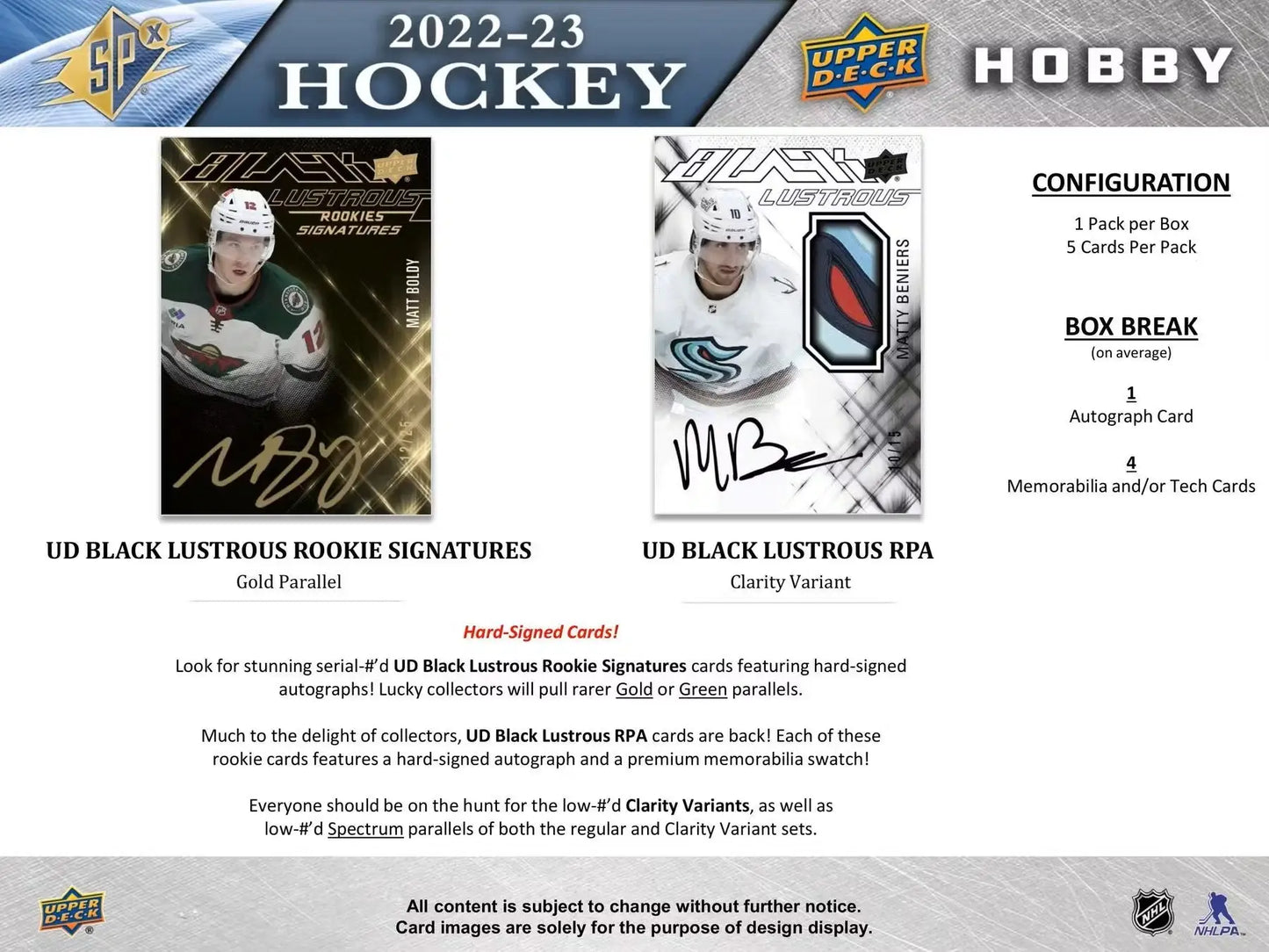 Hockey card product advertisement for 2022/23 Upper Deck SPx Hobby Box with spectrum parallel auto patch rookie auto