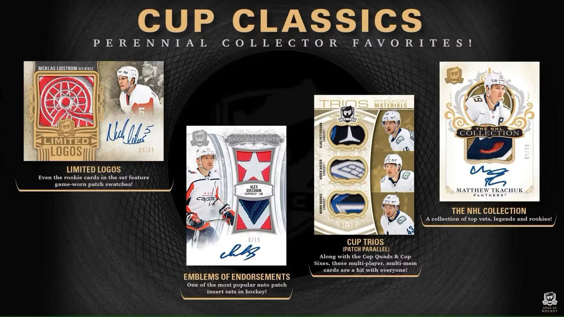 Promotional poster for 2022-23 Upper Deck The Cup Hockey Hobby Box featuring base set auto patch rookie auto cards