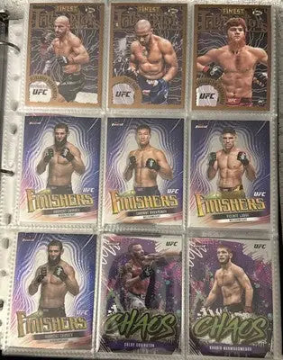 UFC trading card lot in binder featuring rookies, vets, Prizm, Refrac, and base cards