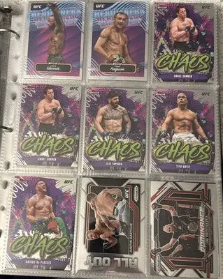 Binder page with nine collectible UFC trading cards from the 2022-24 UFC 102 card lot