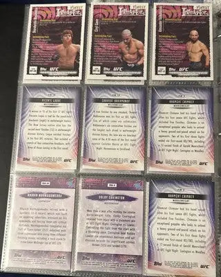 Sports trading card lot in clear binder featuring UFC 2022-24 Rookies Vets Prizm Refrac