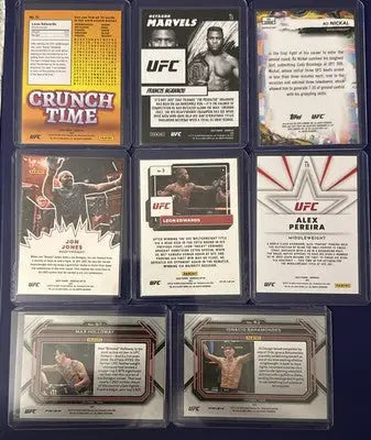 2022-24 UFC card lot featuring trading cards in protective sleeves including rookies and vets