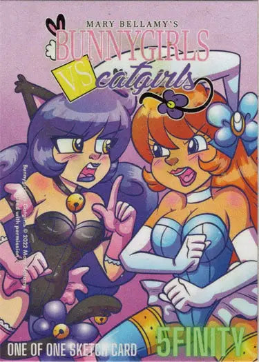 Trading card featuring cartoon-style female characters on a Mary Bellamy sketch card