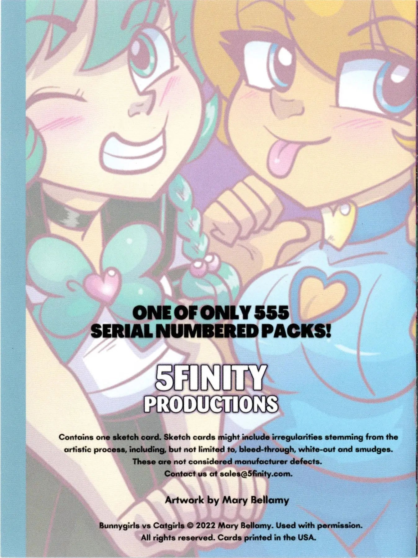 Promotional card for 5finity Productions featuring colorful artwork from trading card pack