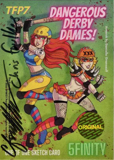 Colorful sketch card of roller derby players by Chris Foulkes in dynamic poses