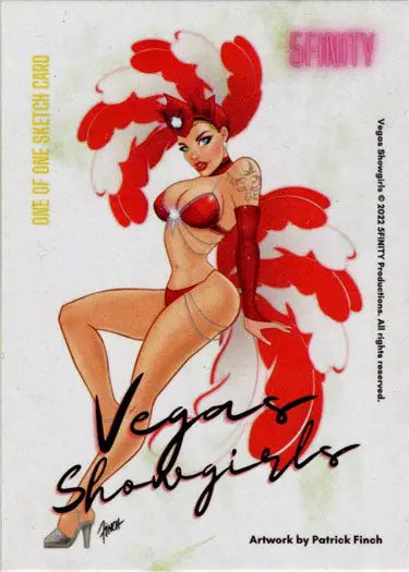 Stylized illustration of a showgirl in a red feathered costume on Ulisses Gabriel sketch card