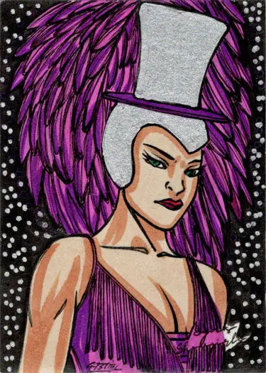 Stylized woman with purple hair in top hat on Ulisses Gabriel sketch card trading card