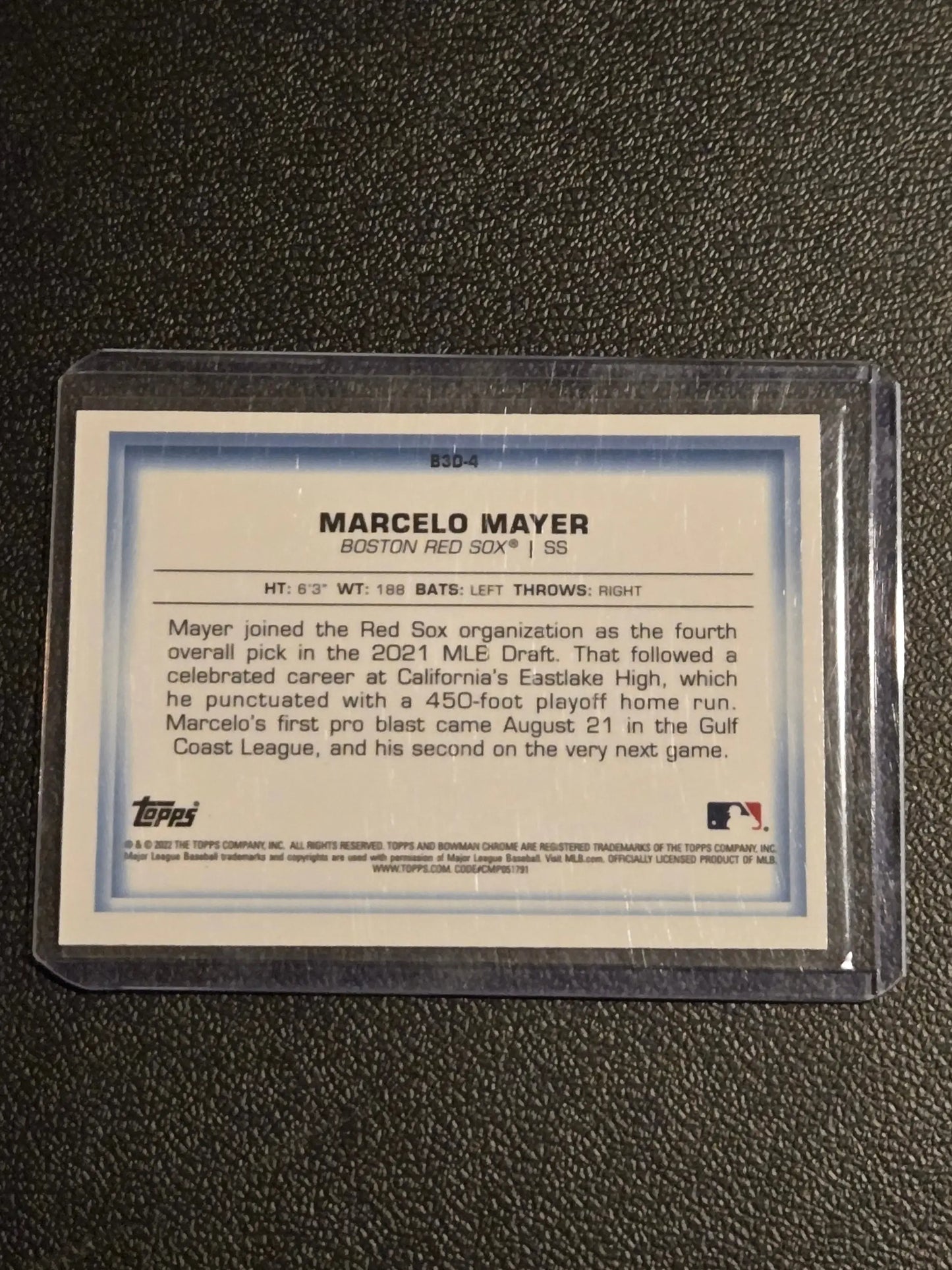 Baseball trading card of Marcelo Mayer Bowman in a clear protective sleeve