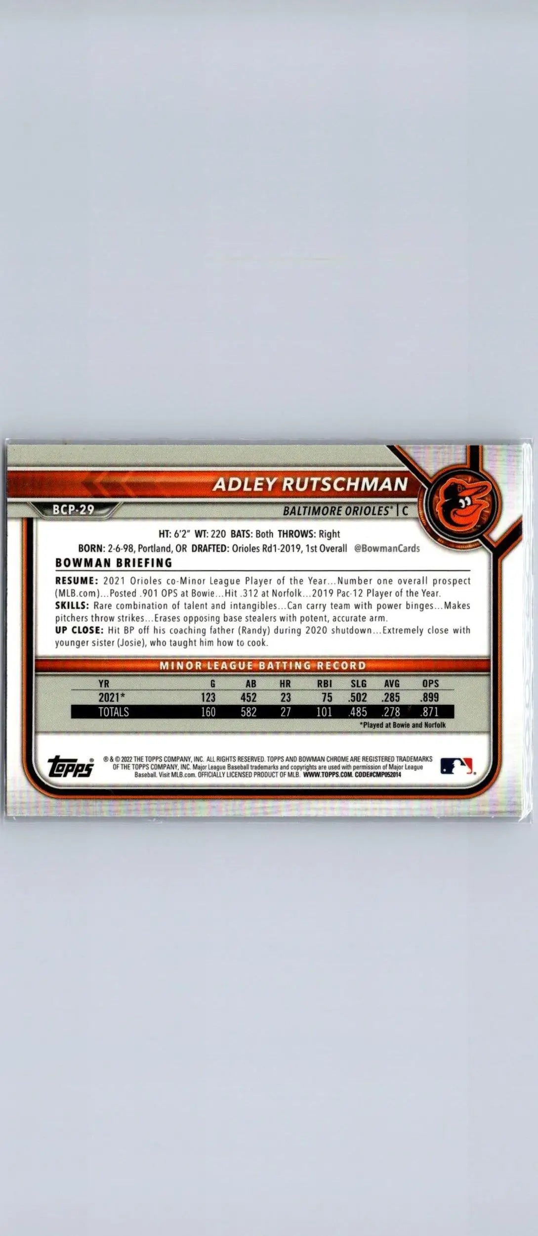 Adley Rutschman Chrome card from 2022 Bowman #BCP-29 Rutschman Chrome Prospects set