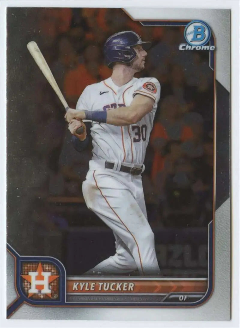 Baseball card of Kyle Tucker in white uniform for Houston Astros at bat
