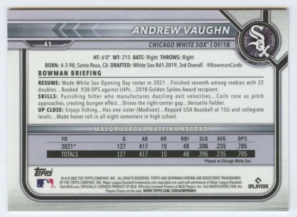 Chicago White Sox Baseball Card featuring Andrew Vaughn’s stats and biography