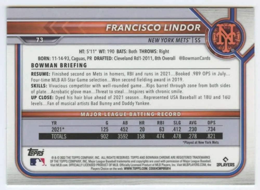 Baseball card featuring Francisco Lindor MLB stats for New York Mets 2022 Bowman Chrome