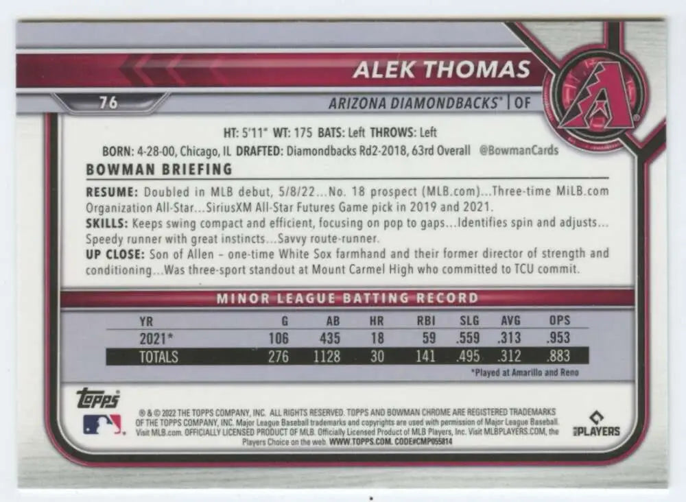 Alek Thomas 2022 Bowman Chrome Rookie Card with Arizona Diamondbacks batting stats