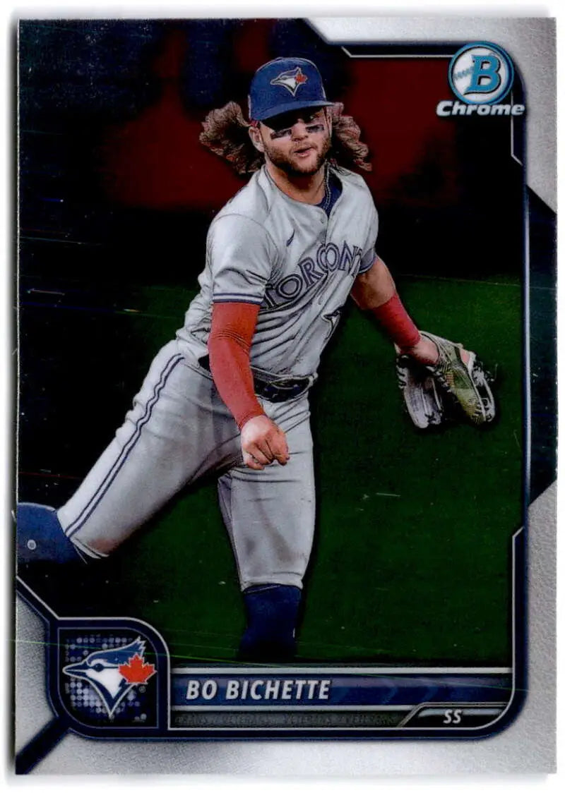 Baseball trading card of Bo Bichette fielding in a Toronto Blue Jays gray uniform