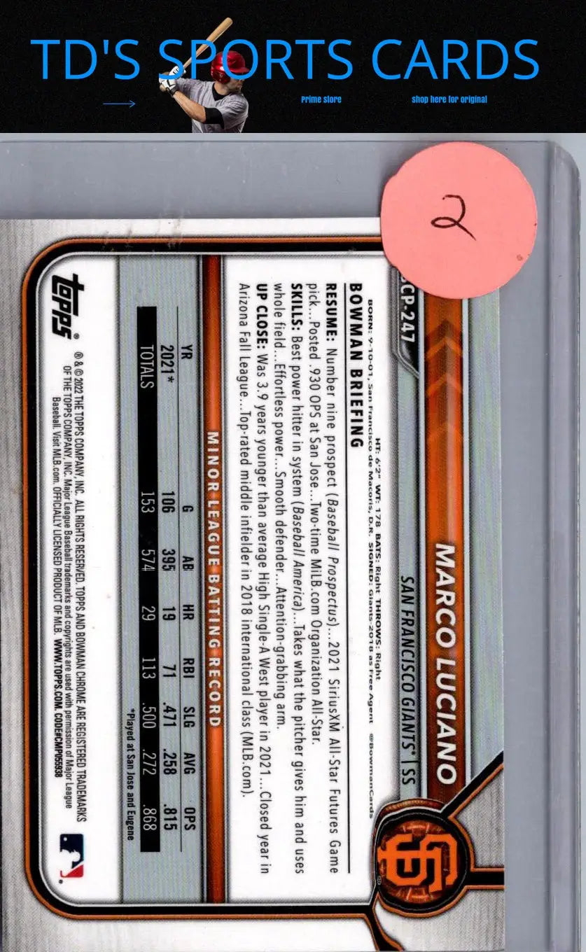 Marco Luciano baseball card from 2022 Bowman Chrome Luciano Prospects Shimmer Refractor