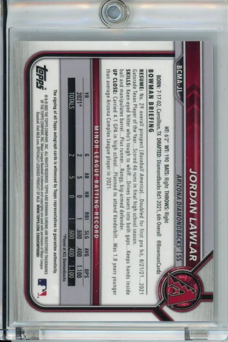 Jordan Lawlar baseball card from 2022 Bowman Chrome Mega Box Mojo Autographed Refractor