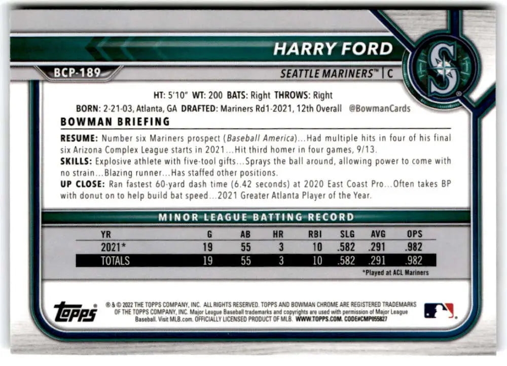 Baseball card of Harry Ford showcasing Seattle Mariners stats from Bowman Chrome Prospects