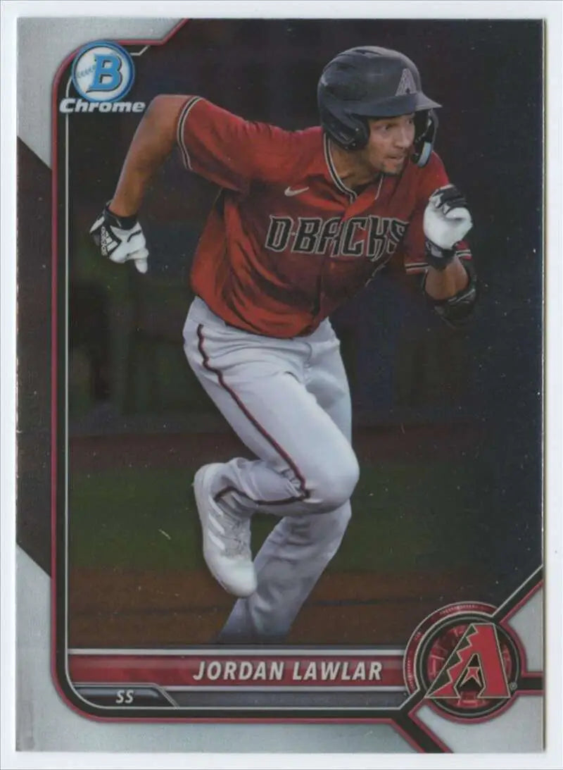 Baseball card of Jordan Lawlar running bases in red Diamondbacks uniform from Bowman Chrome Prospects