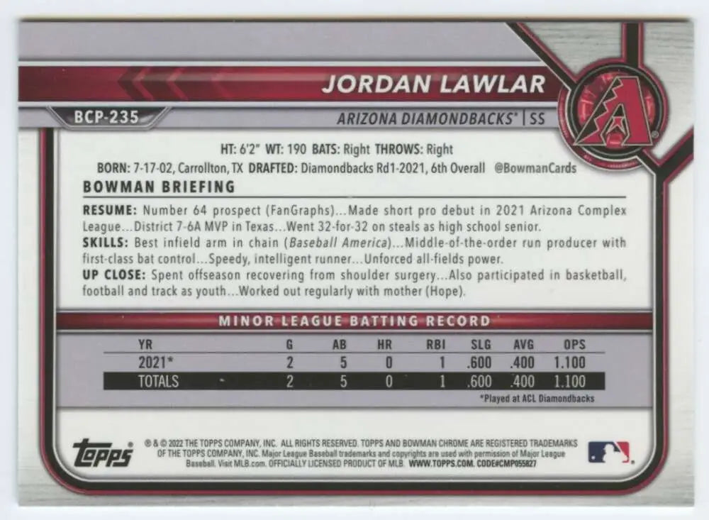 Baseball card featuring Jordan Lawlar from 2022 Bowman Chrome Prospects for Arizona Diamondbacks