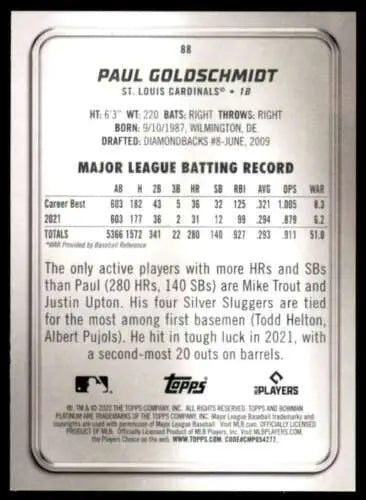 Paul Goldschmidt 2022 Bowman Platinum baseball card with original gloss NM-MT Cardinals