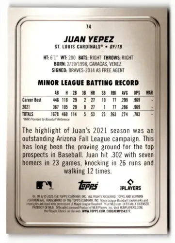 Baseball card featuring Juan Yepez’s stats from 2022 Bowman Platinum Ice Foilboard