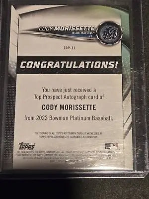 Cody Morissette Bowman Platinum prospect autograph baseball card featuring autograph artwork