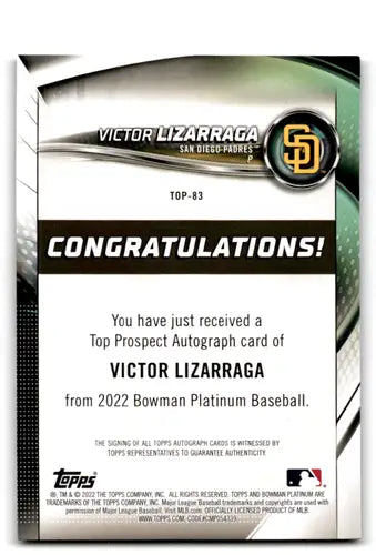 2022 Bowman Platinum Top Prospects Autograph #TOP-83 Victor Lizarraga N ID:66401 - Trading Cards