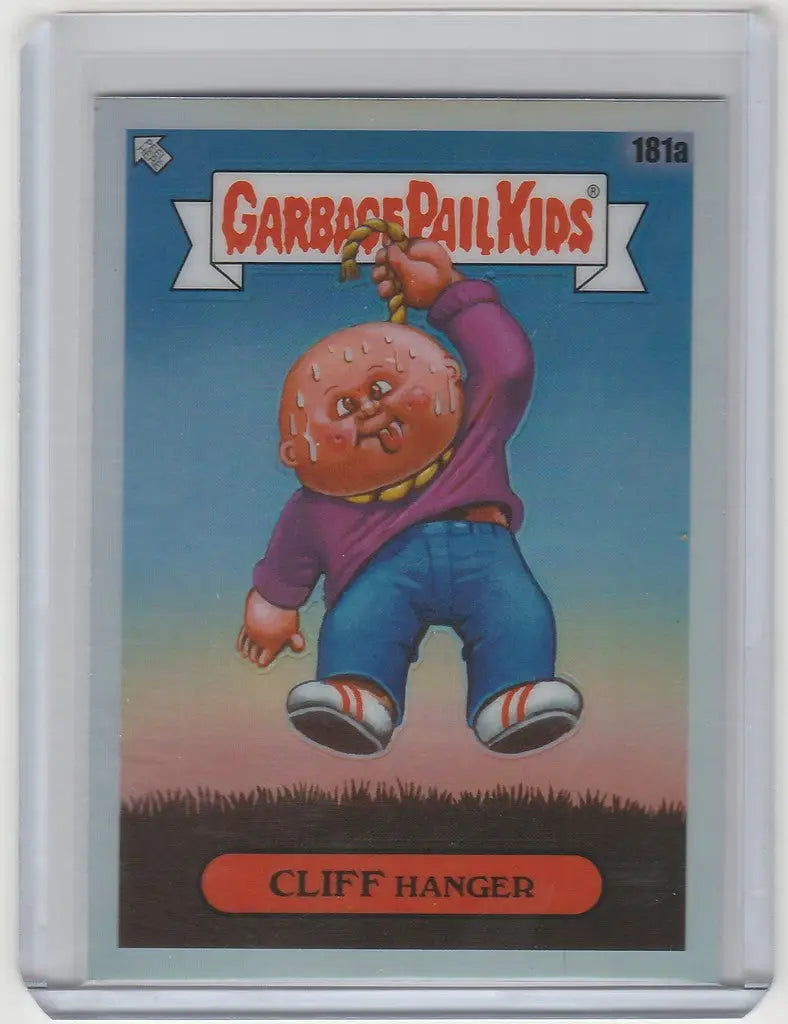 Cartoon character with peach head in purple shirt and blue pants from Chrome Garbage Pail Kids