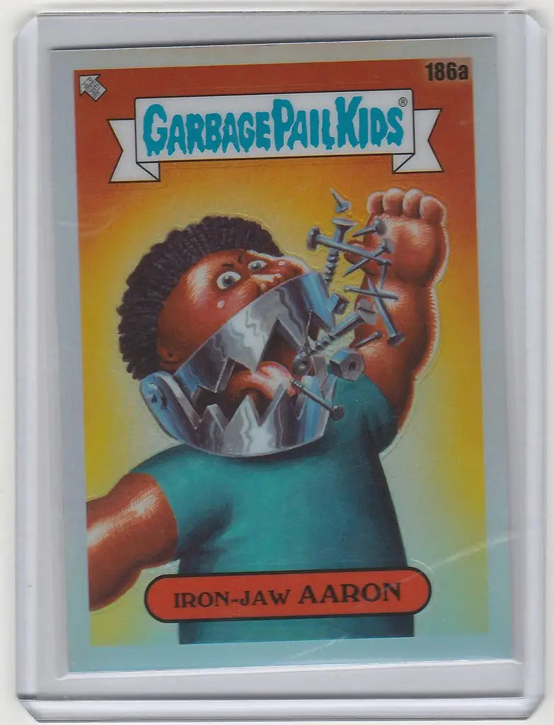 Chrome Garbage Pail Kids trading card of Iron-Jaw Aaron eating utensils