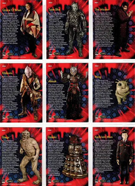 Collection of Doctor Who trading cards in a 2022 insert card set featuring allies and adversaries