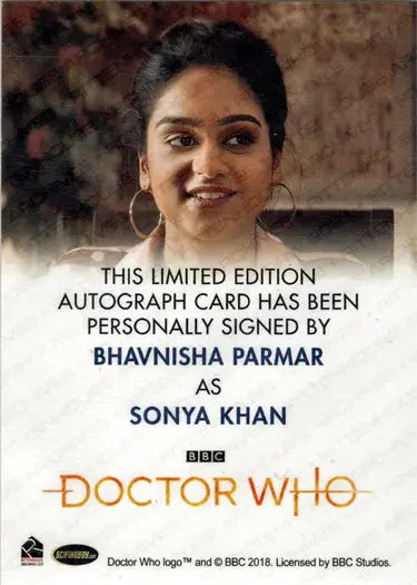 Bhavnisha Parmar autograph card from 2022 Doctor Who Series 11 & 12 set