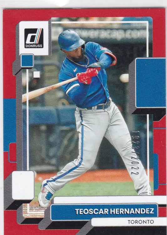 Baseball card of Teoscar Hernandez mid-swing for Variation Toronto Blue Jays