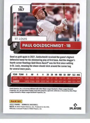 2022 Donruss #157 Paul Goldschmidt baseball card with original gloss features Cardinals ID 42296