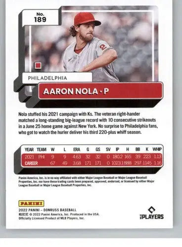 Original gloss Aaron Nola baseball card from 2022 Donruss featuring Phillies player