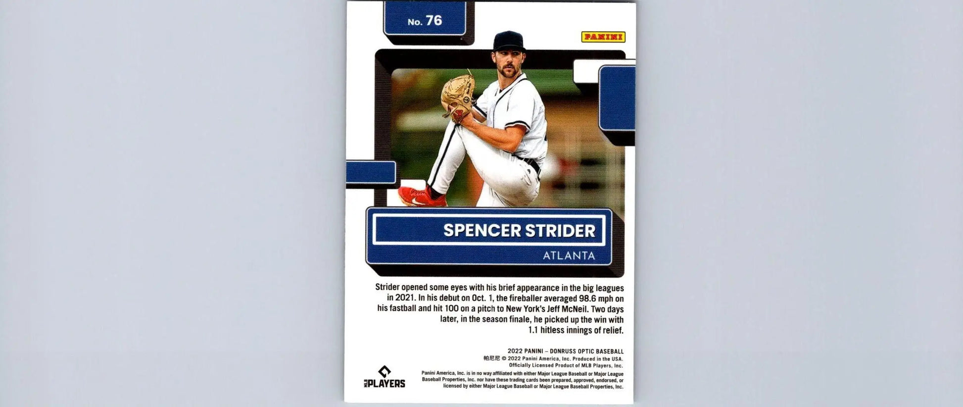 Spencer Strider 2022 Donruss Optic #76 trading card showcasing a rising baseball star