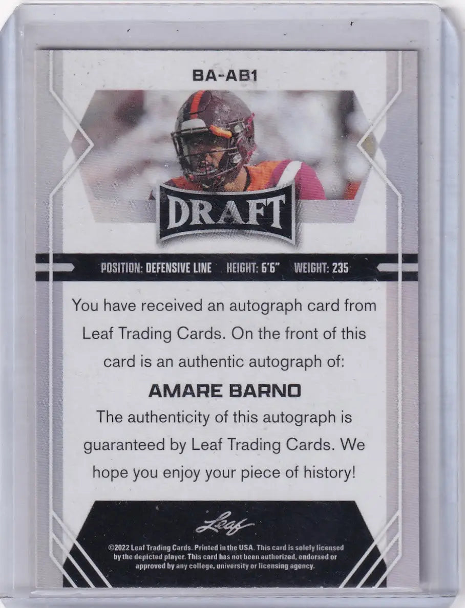 Back of a 2022 Leaf Draft Auto #AB1 Amar Barno football trading card with autograph guarantee