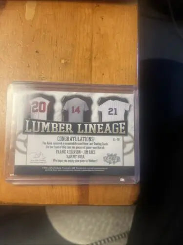 Leaf Lumber Lineage Relics card featuring Frank Robinson, Jim Rice, and Sammy Sosa