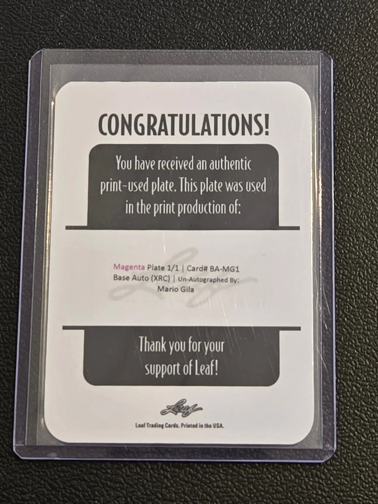 Trading card featuring Mario Gila printing plates from 2022 Leaf Vivid #BA-MG1